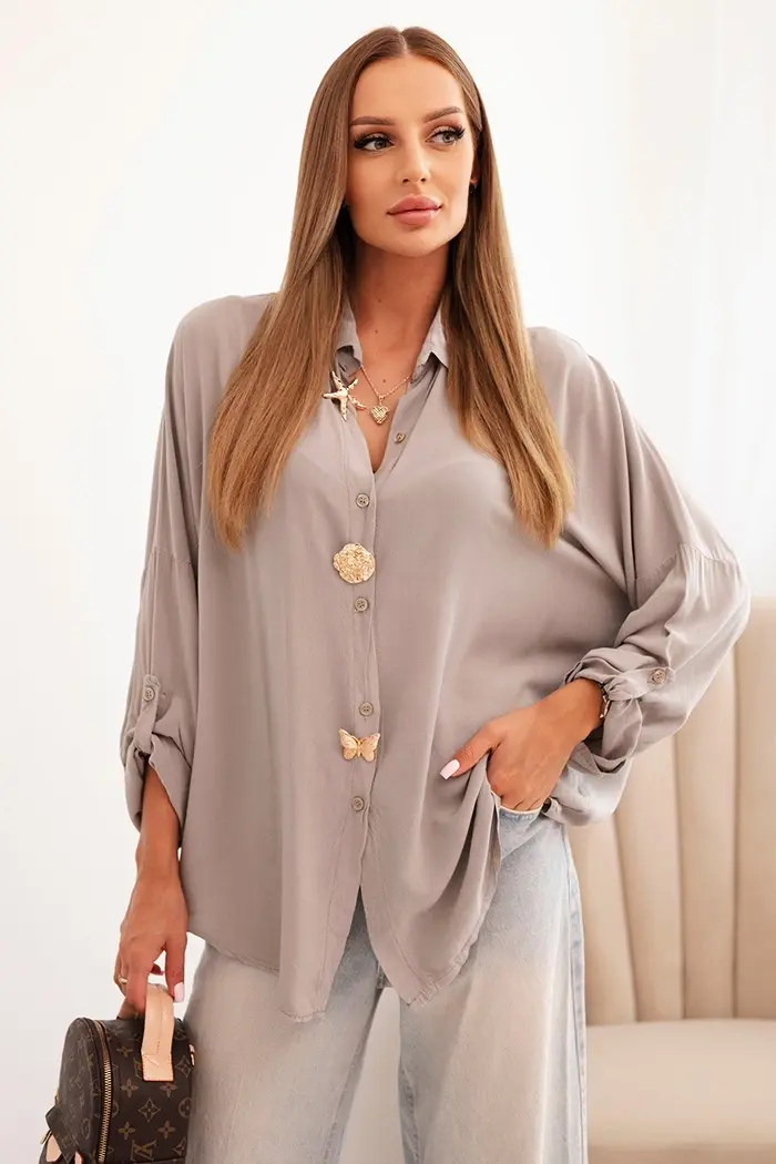 Kesi Włoski Dámské tričko s viskózou, ozdobnými knoflíky a límečkem fango