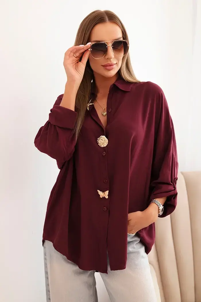 Kesi Włoski Dámské tričko s viskózou a ozdobnými knoflíky a límečkem bordové