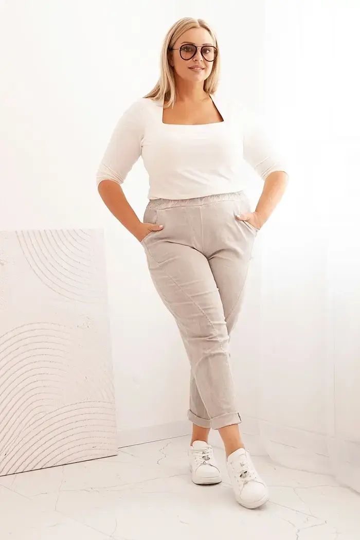 Kesi Włoski Dámské kalhoty s gumou a kapsami Plus Size, dekontaminované béžové