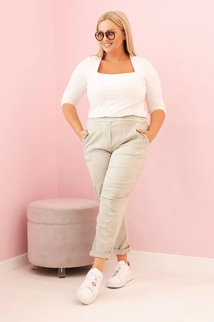 Kesi Włoski Dámské kalhoty s dekontaminací Plus Size s viskózou a gumou světlé khaki