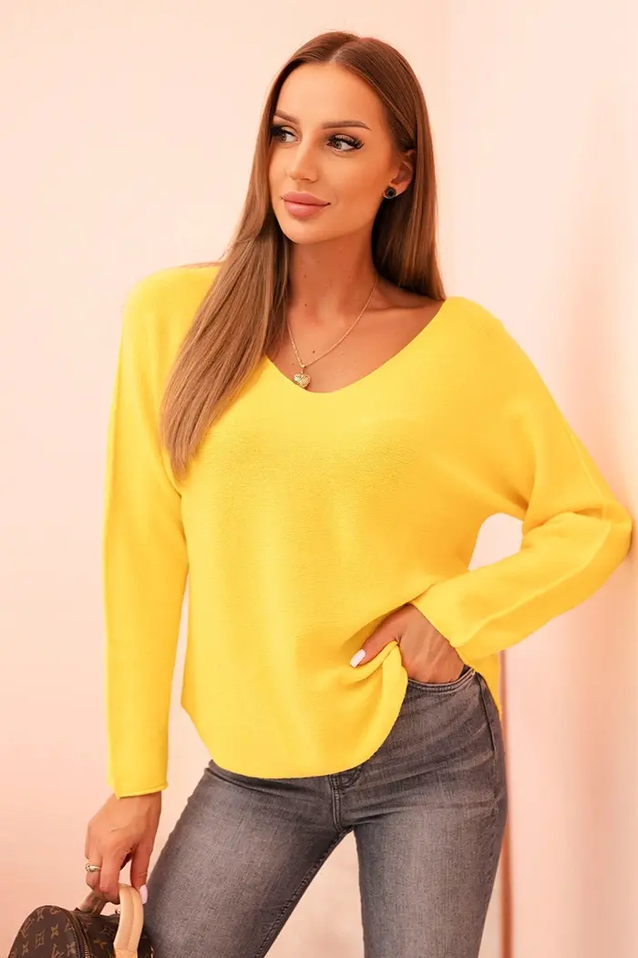 Kesi Włoski Dámský svetr z viskózy s výstřihem do V tmavě žlutý