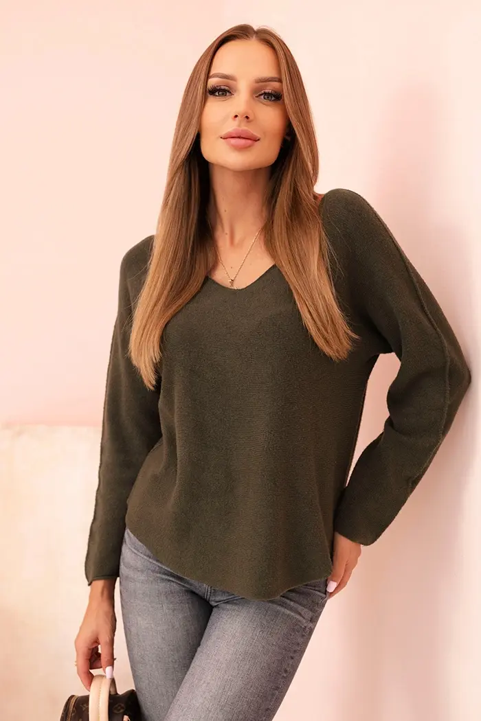 Kesi Włoski Dámský svetr z viskózy s výstřihem do V tmavě khaki