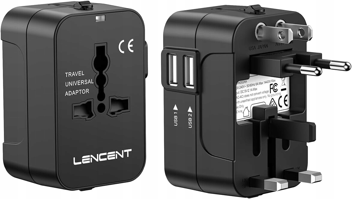 Lencent Usb cestovní adaptér – Eu/uk/usa/aus, 2×USB, 200+ zemí