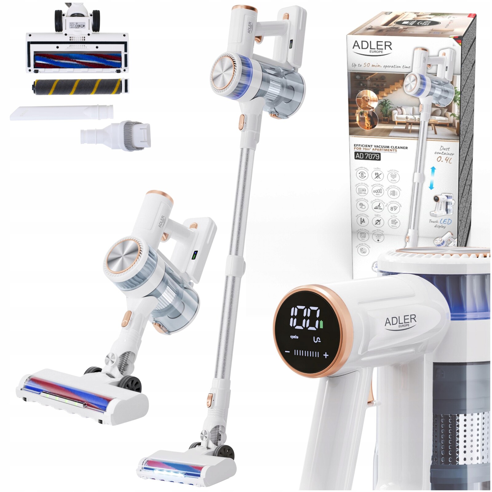 tyčový vysavač Adler AD7079 Led displej 4 režimy Multi-Cyclone Hepa