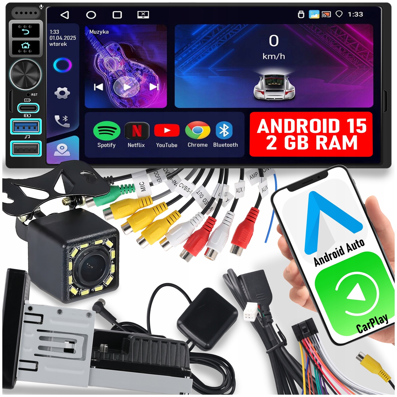 Autorádio 1 Din Carplay Android 15 Wifi Gps 2GB Dotykový Rámec Usb