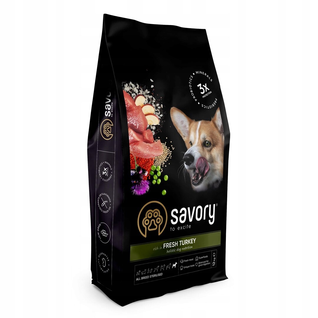 Savory suché krmivo pro psy adult sterilised krůta pro všechna plemena 12 kg