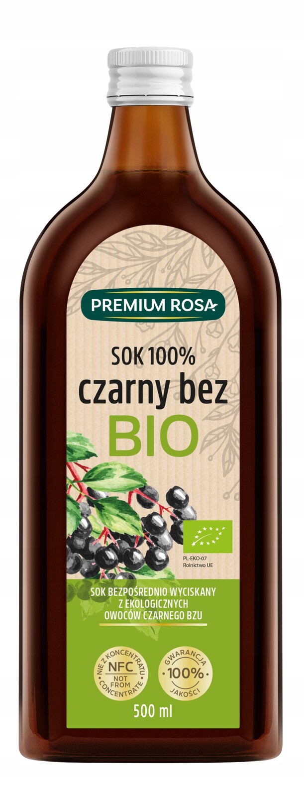 Černý Bez šťávy 100% Bio bez cukru 500 ml Premium Rosa
