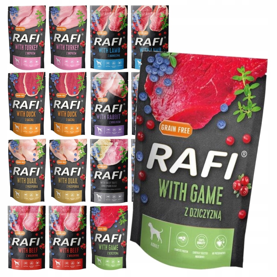 Rafi 16x500 g Bezobilné Vlhké Krmivo pro dospělé psy Mix 3 příchutí drůbeže