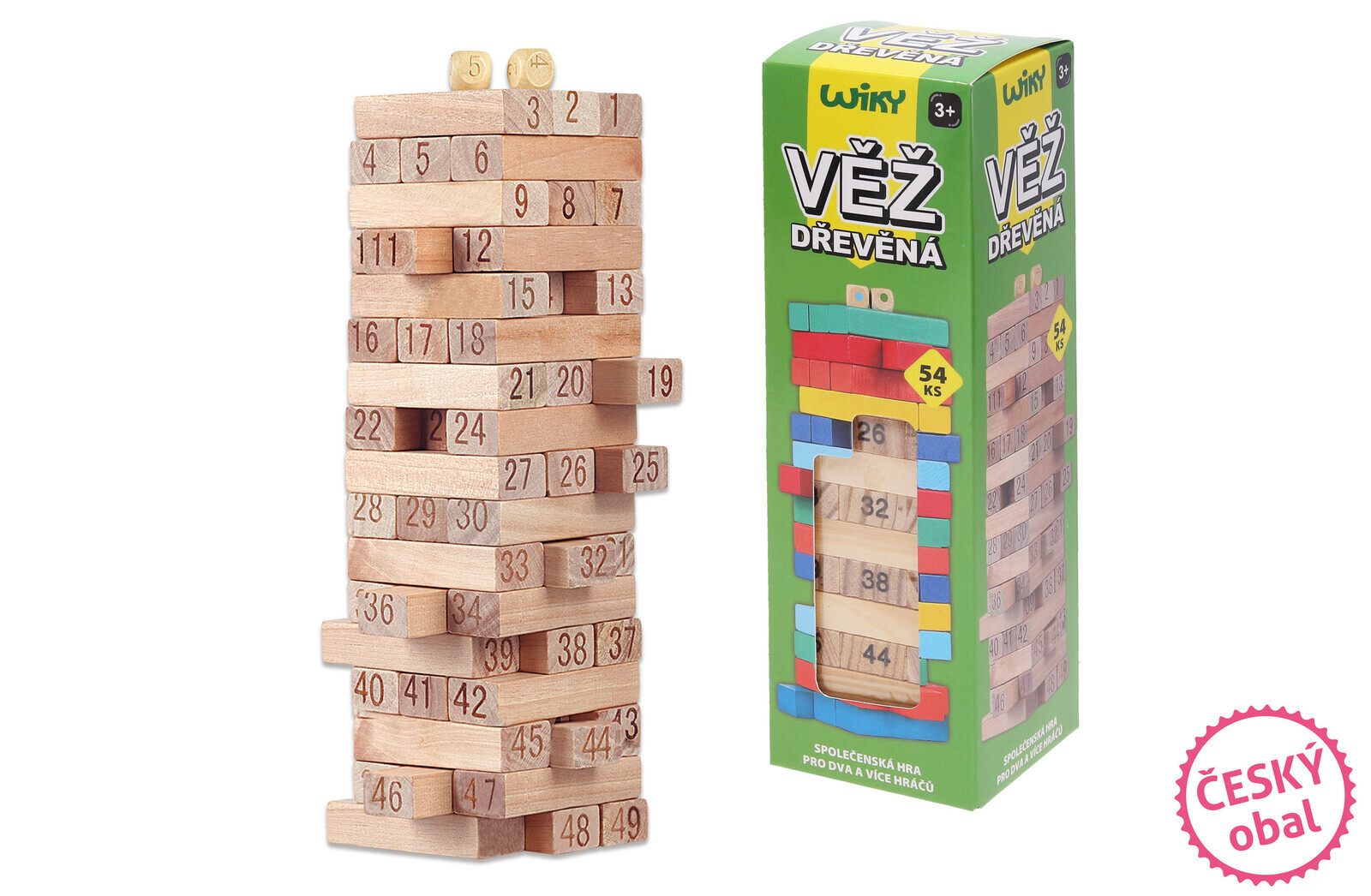 Věž dřevěná s čísly 54 dílků 6,3x6,3x20 cm, Český obal
