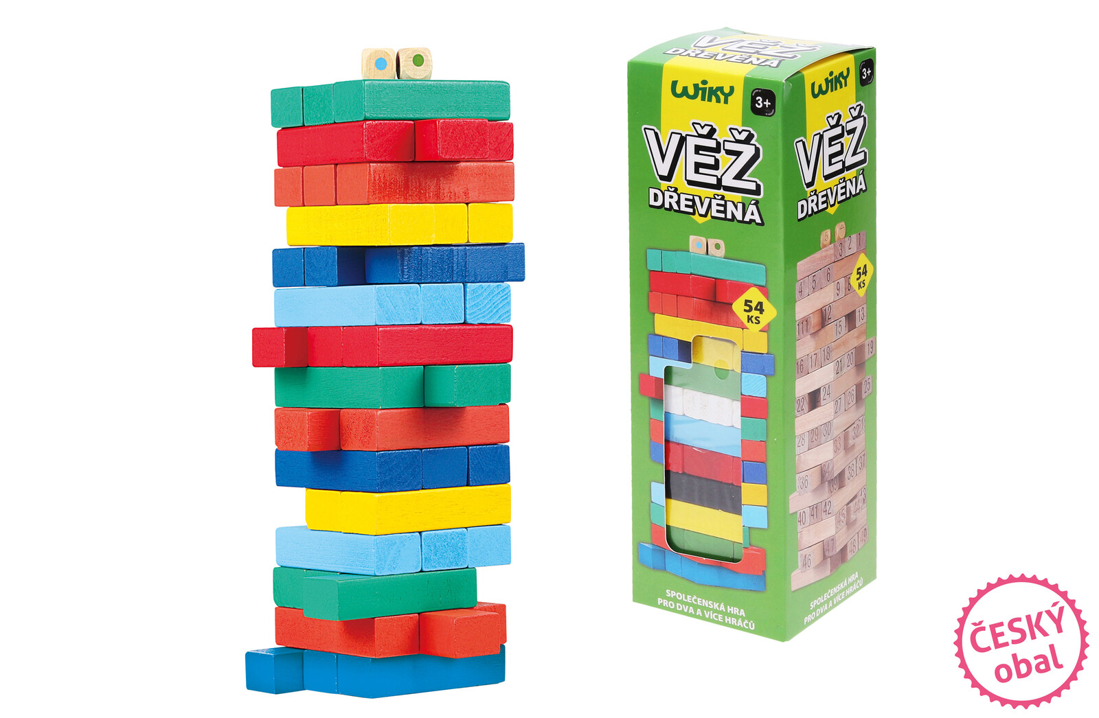 Věž dřevěná barevná 54 dílků 6,3x6,3x20 cm, Český obal