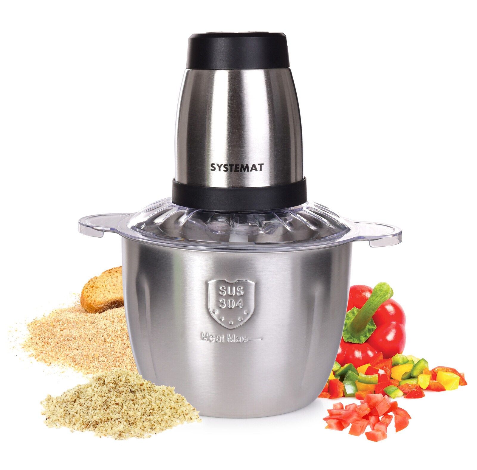 MAXISEKÁTOR | Sekáček potravin s nerezovou mísou 2,5 L | 300 W | 2 rychlosti & čtyřčepel