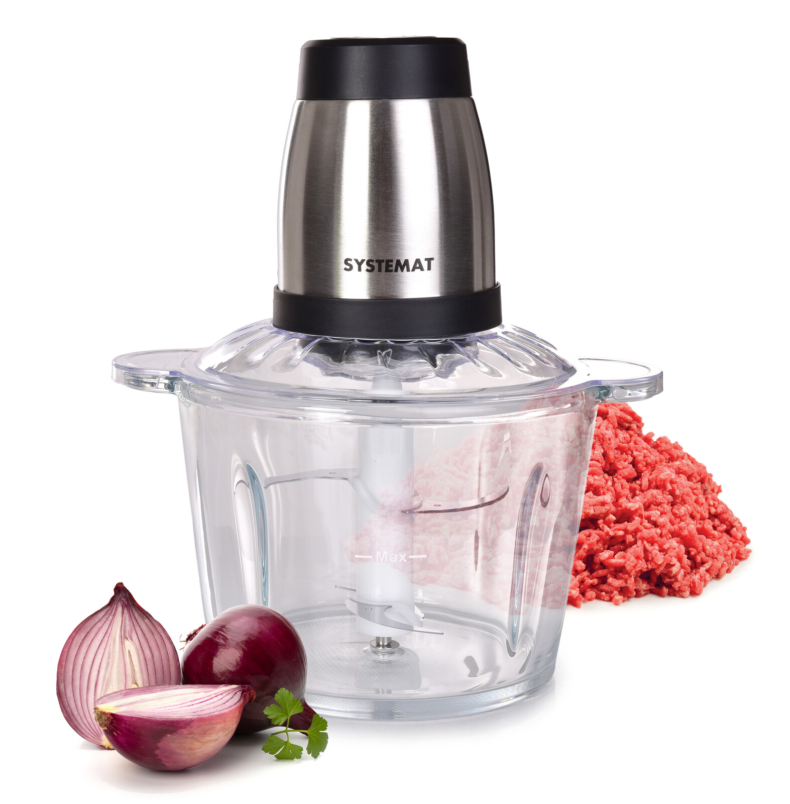 MAXISEKÁTOR | Sekáček potravin se skleněnou mísou 2,5 L | 300 W | 2 rychlosti & čtyřčepel