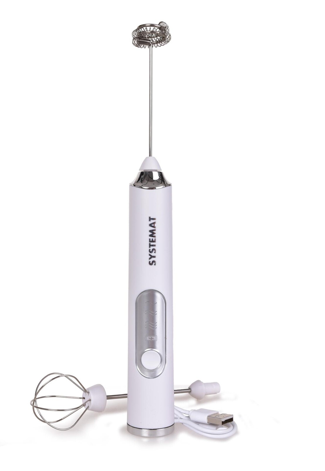 SYSTEMAT | USB napěňovač mléka a šlehač vajec 2v1 | 3 rychlosti & nabíjecí mini šlehač bílý