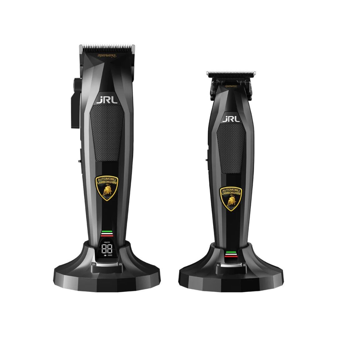 JRL x Lamborghini Diamante Black Collection: Clipper + Trimmer Set - černý set aku. střihacího a konturovacího strojku na vlasy + olej na mazání M22, 200ml + stlačený vzduch, 400ml