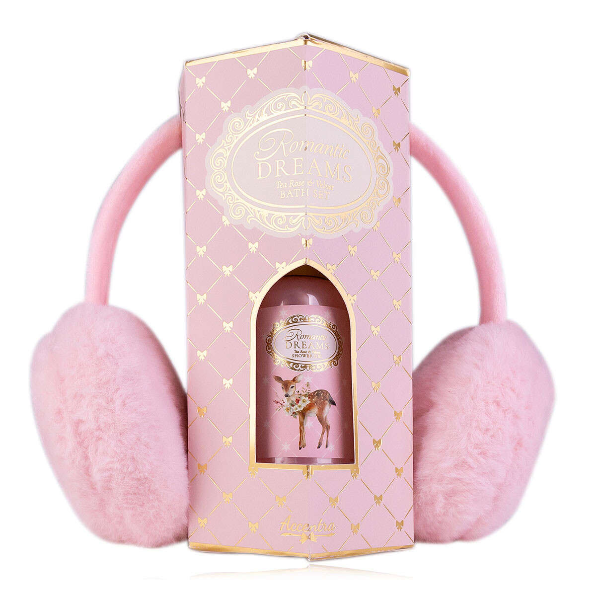 Dárkový set ROMANTIC DREAMS obsahuje plyšové klapky na uši a sprchový gel ACCENTRA
