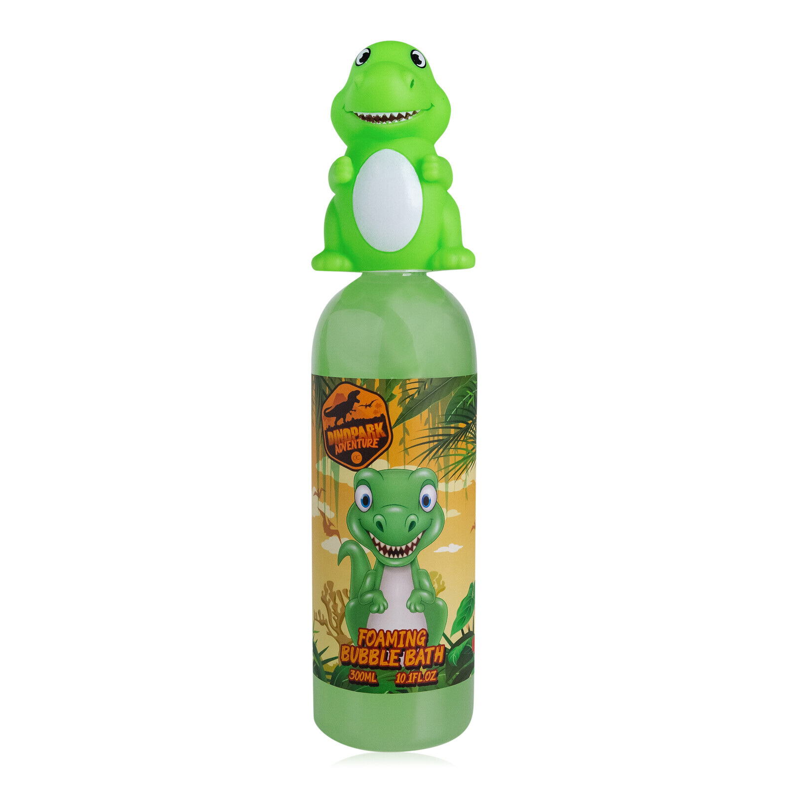 Dětská pěna do koupele DINOPARK ADVENTURE v lahvičce s ozdobným uzávěrem T-Rex ACCENTRA - 300ml