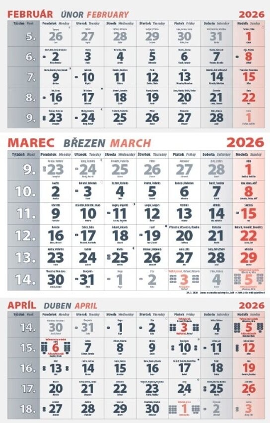 Trojmesačný kalendár Hory 2026 - nástenný kalendár