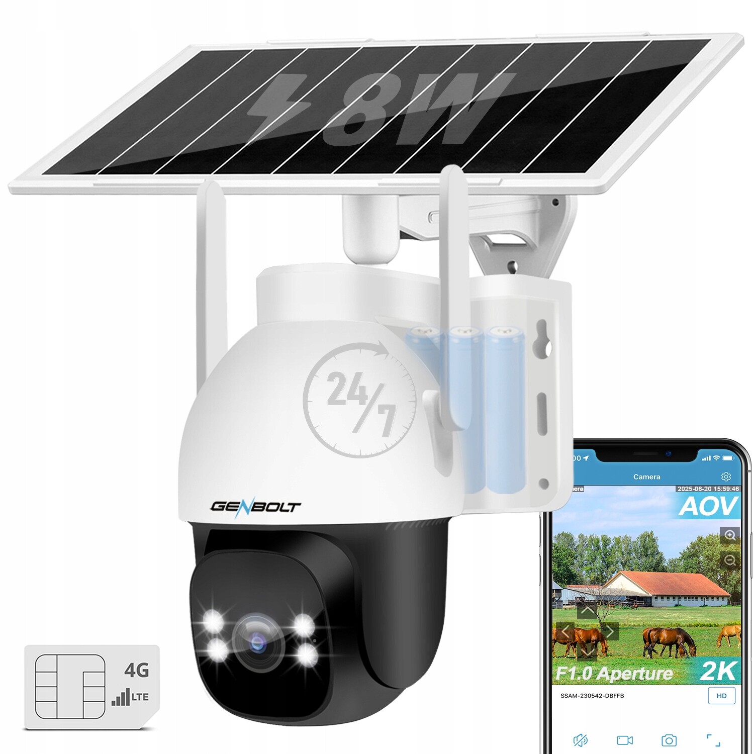 Venkovní solární Ip kamera Aov 4G Lte Sim karta Gsm 3MP+3MP F1.0 Otočná 4XZOOM