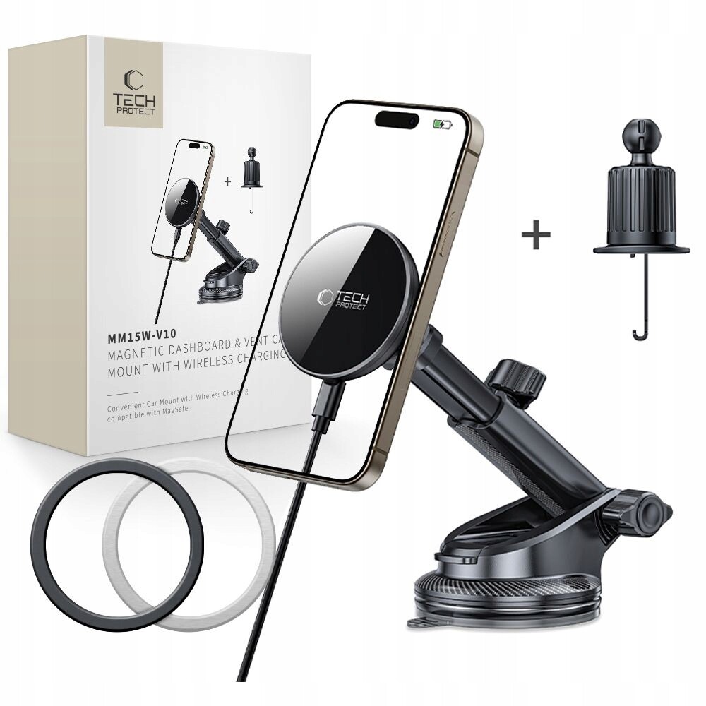 Bezdrátový magnetický držák do auta Tech-protect MM15W-V10 s magnetickým uchycením Magsafe na palubní desku a větrací otvory