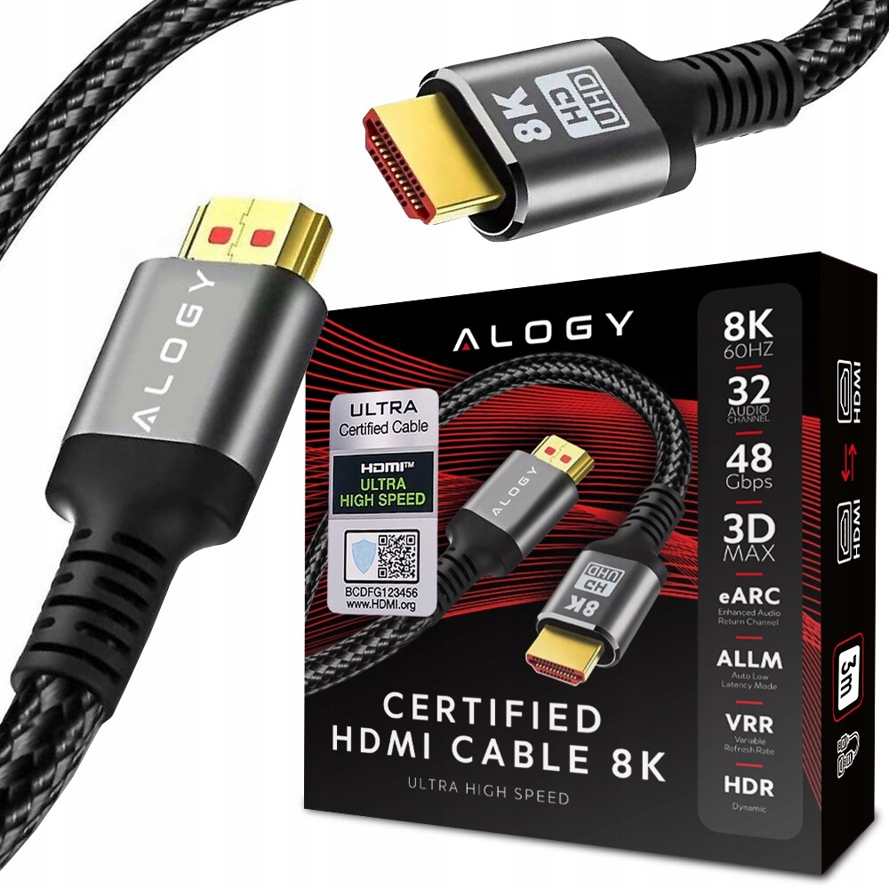 Kabel Hdmi 2.1 Alogy 3m 4K 8K Premium Měď Ultra High Speed 60Hz 48GBps Č