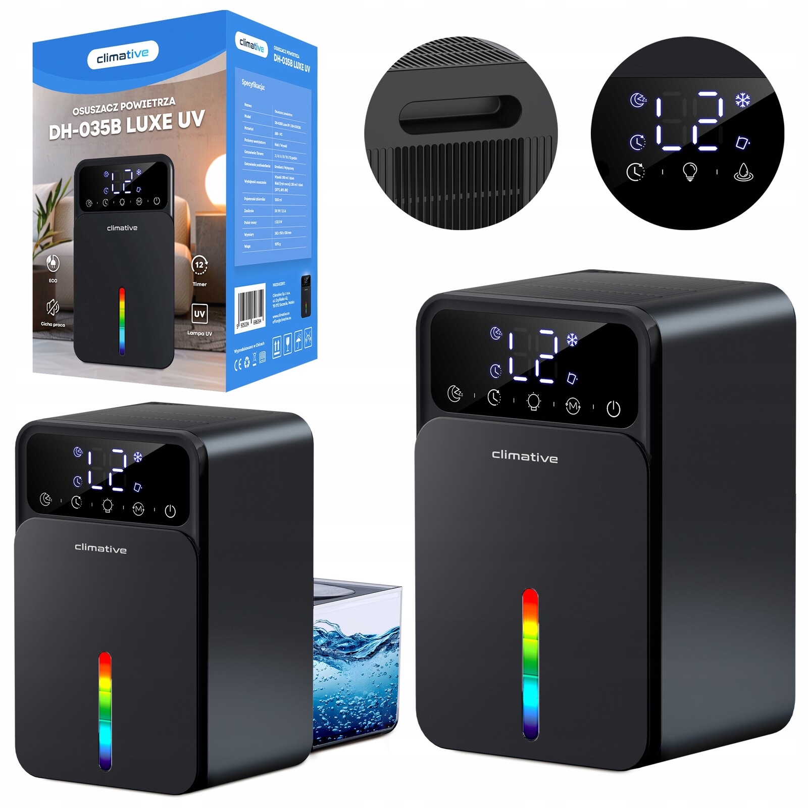 Tichý pohlcovač vlhkosti 1200 ML Odvlhčovač vzduchu Luxe Uv Výkonný černý