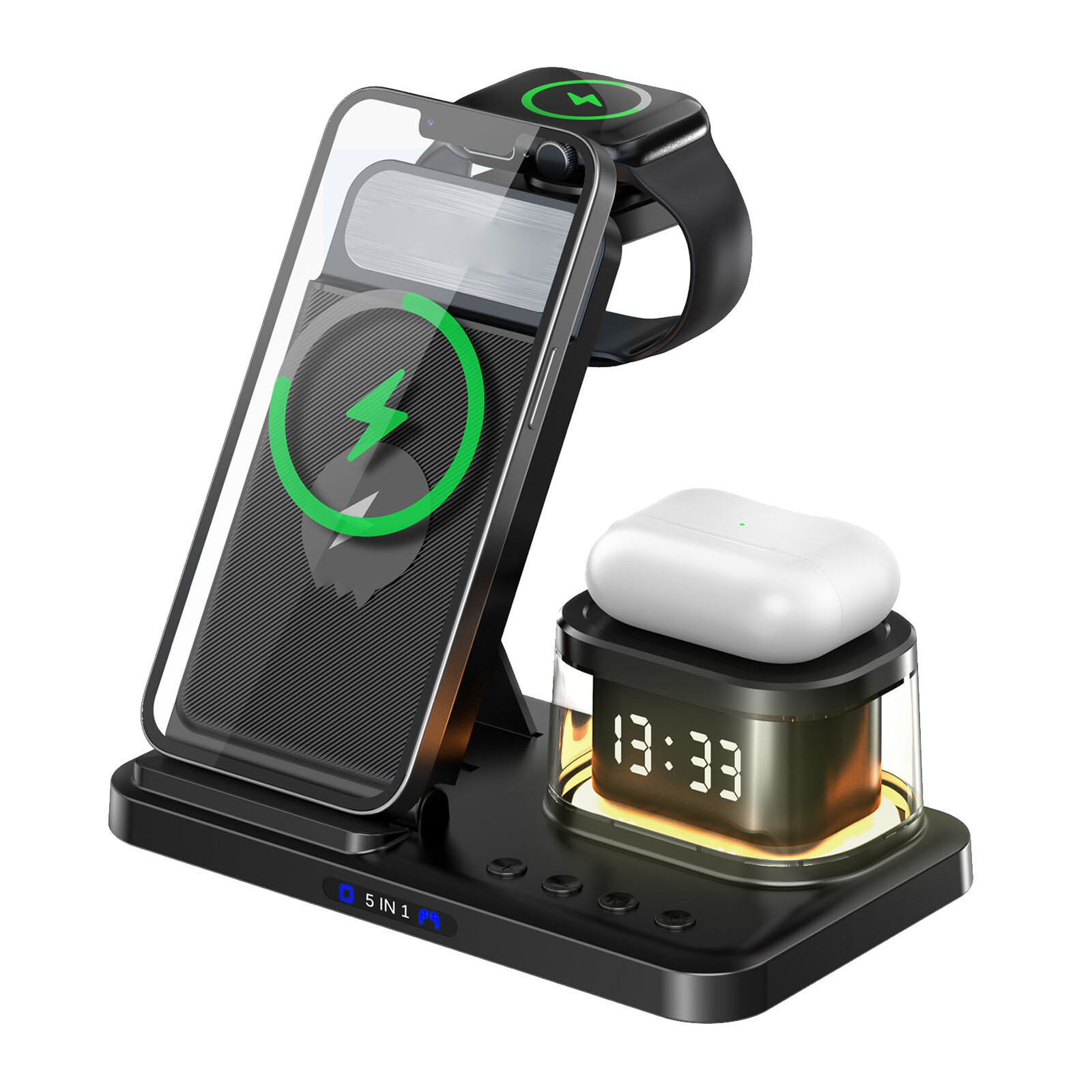 Nabíjecí stanice 5v1 s funkcí hodin a Led světla pro chytrý telefon