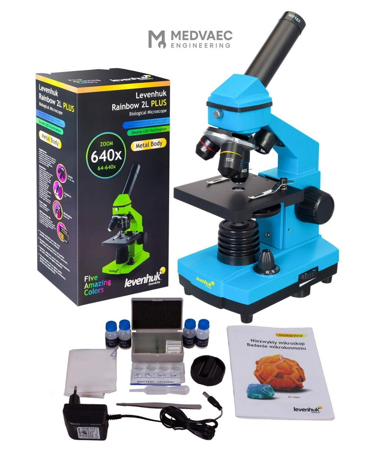 Optický kovový mikroskop pro děti Levenhuk 2L Plus výzkumná sada
