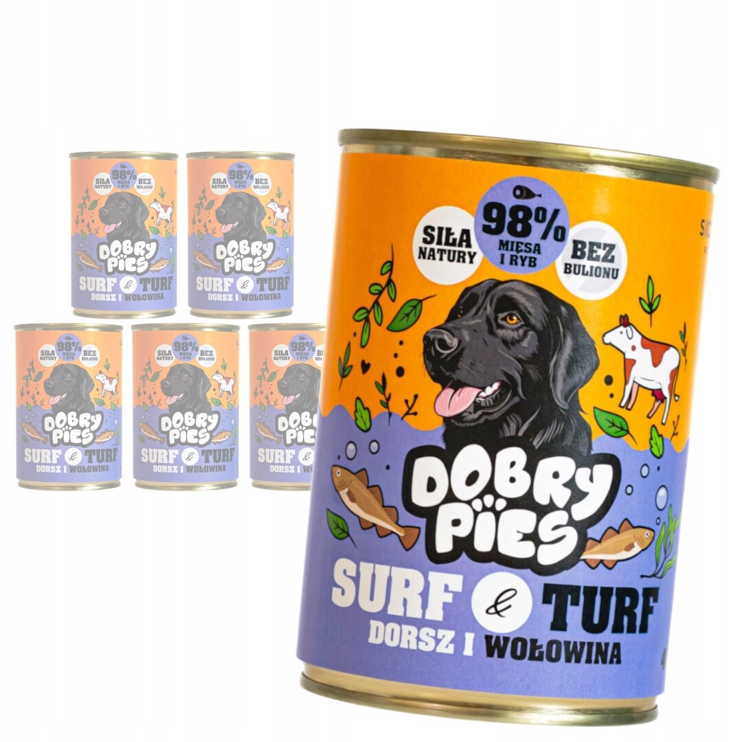 Dobrý pes Surf & Turf 6x400g Vlhké Krmivo pro dospělé psy Příčesek Hovězí maso