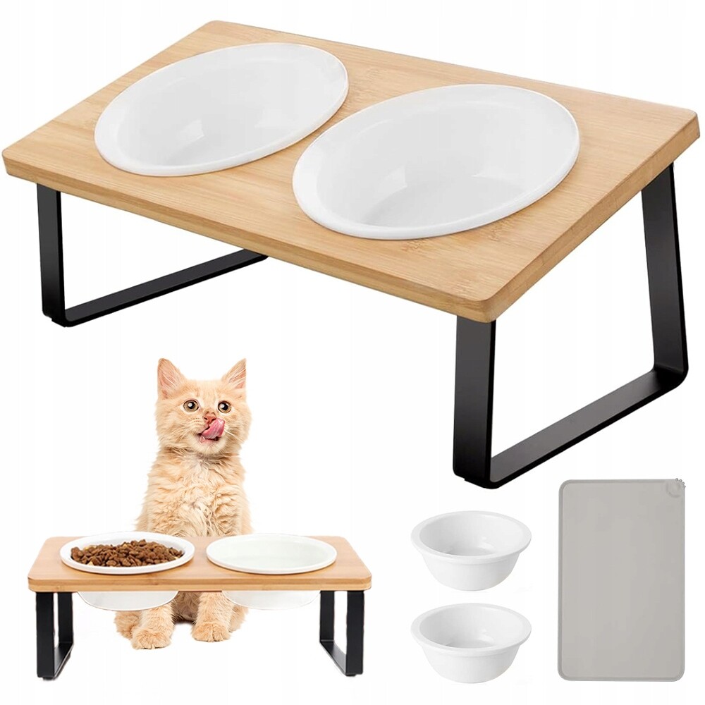 Elegantní Stojan Se 2 Keramickými Miskami A Protiskluzovou Podložkou 32x17x14 cm