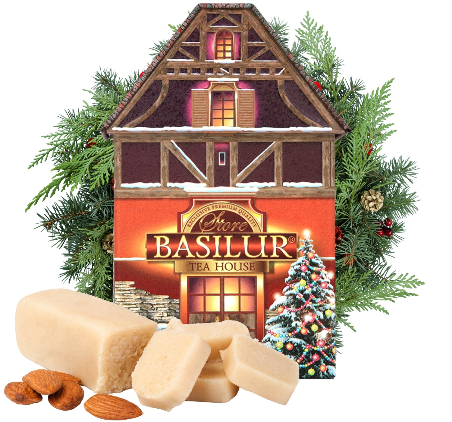 Basilur Christmas House čaj Marcipán plechovka Zimní domek 100 g