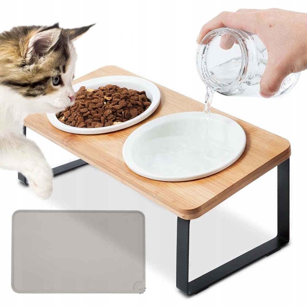 Keramická Miska Dvojitá Pro Psa A Kočku 2 Misky Dřevěná Základna