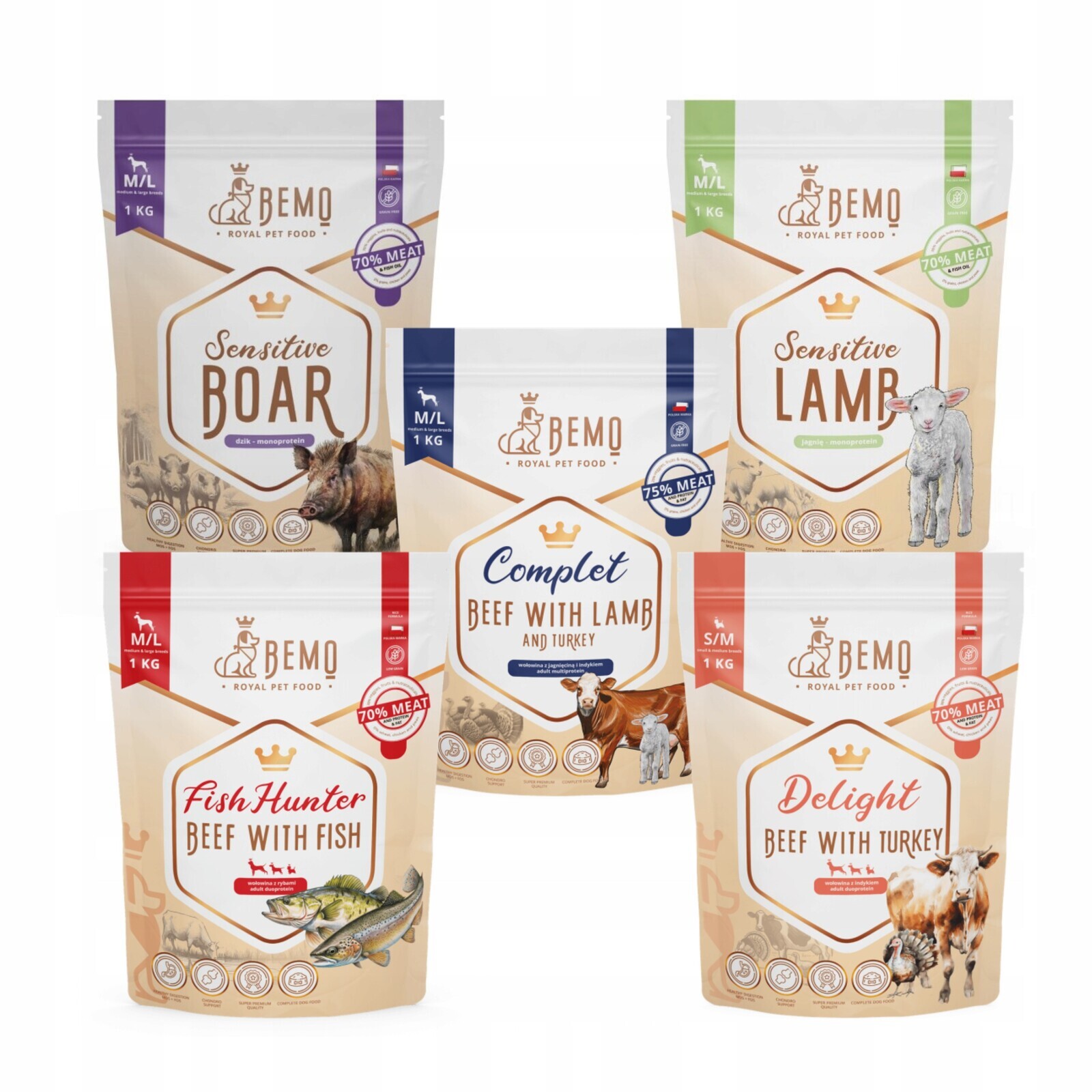 Suché krmivo pro psa Bemo 5 x 1 kg M/L Degustační Set sensitive divočák