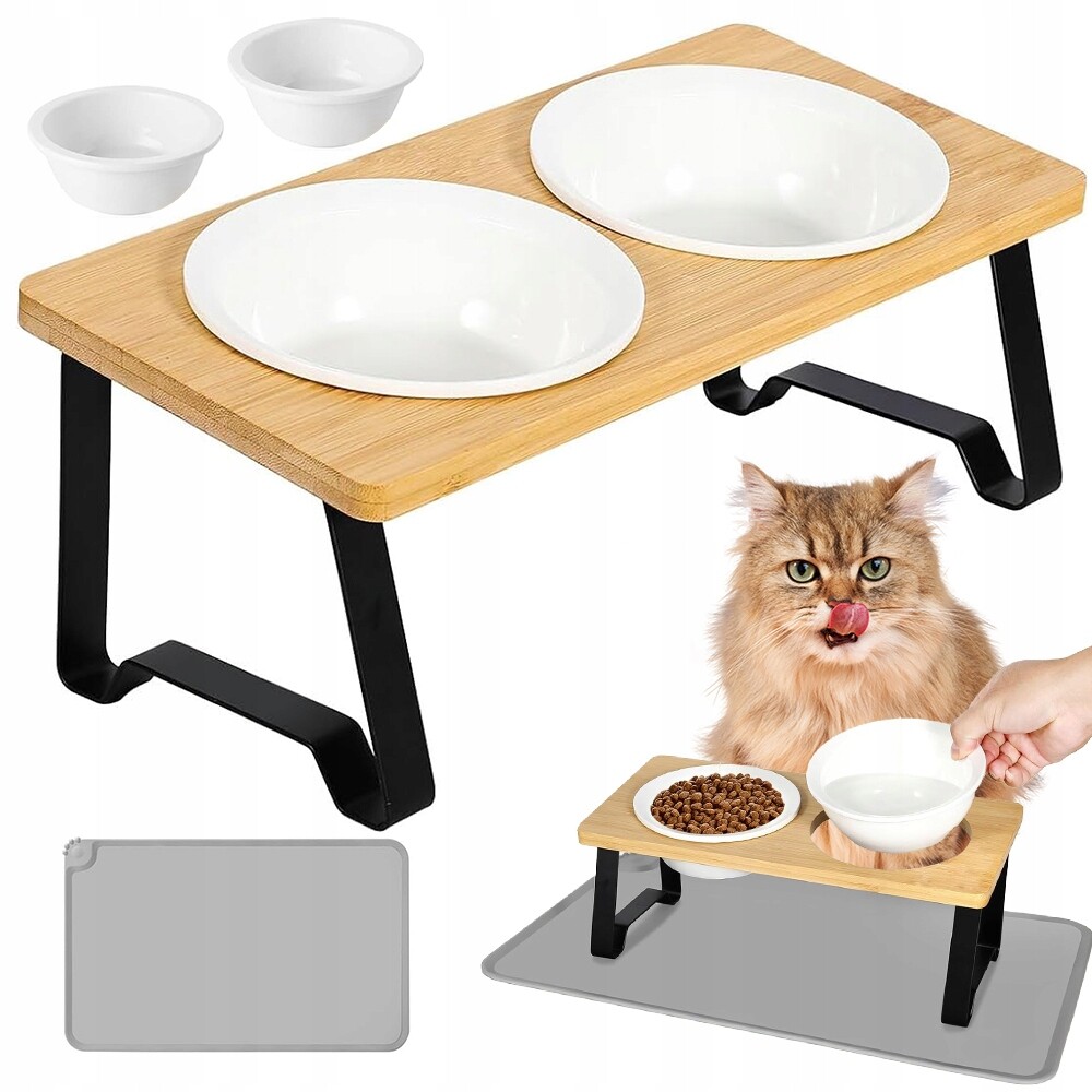 Miska Pro Kočky Psa Dvojitá Dřevěná Keramická Misky 2x350ml 34x16x12cm