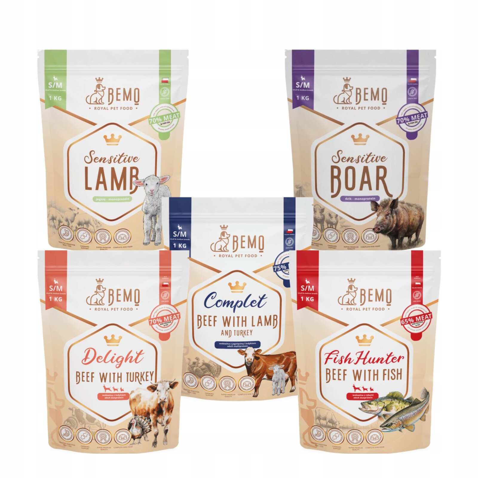 Suché krmivo pro psy Bemo 5 x 1 kg S/m Degustační Set mix chutí