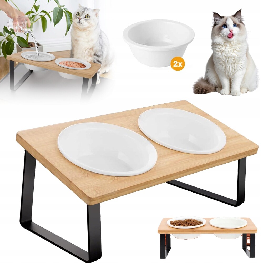 4KS Stojan Na Krmení Pro Kočky Trvalý Náklon 15° Pevný S 2 Misky