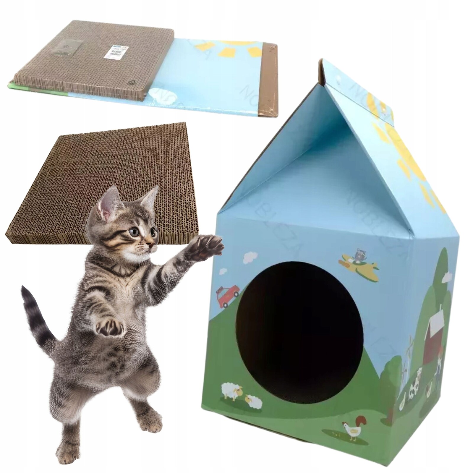 Drapak pro kočky z lepenky Domeček skládací s koťátkem Kartonový ekologický