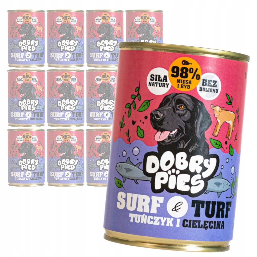 Dobrý pes Surf&Turf 12x400g Vlhké Krmivo pro psy Tuňák s telecím masem
