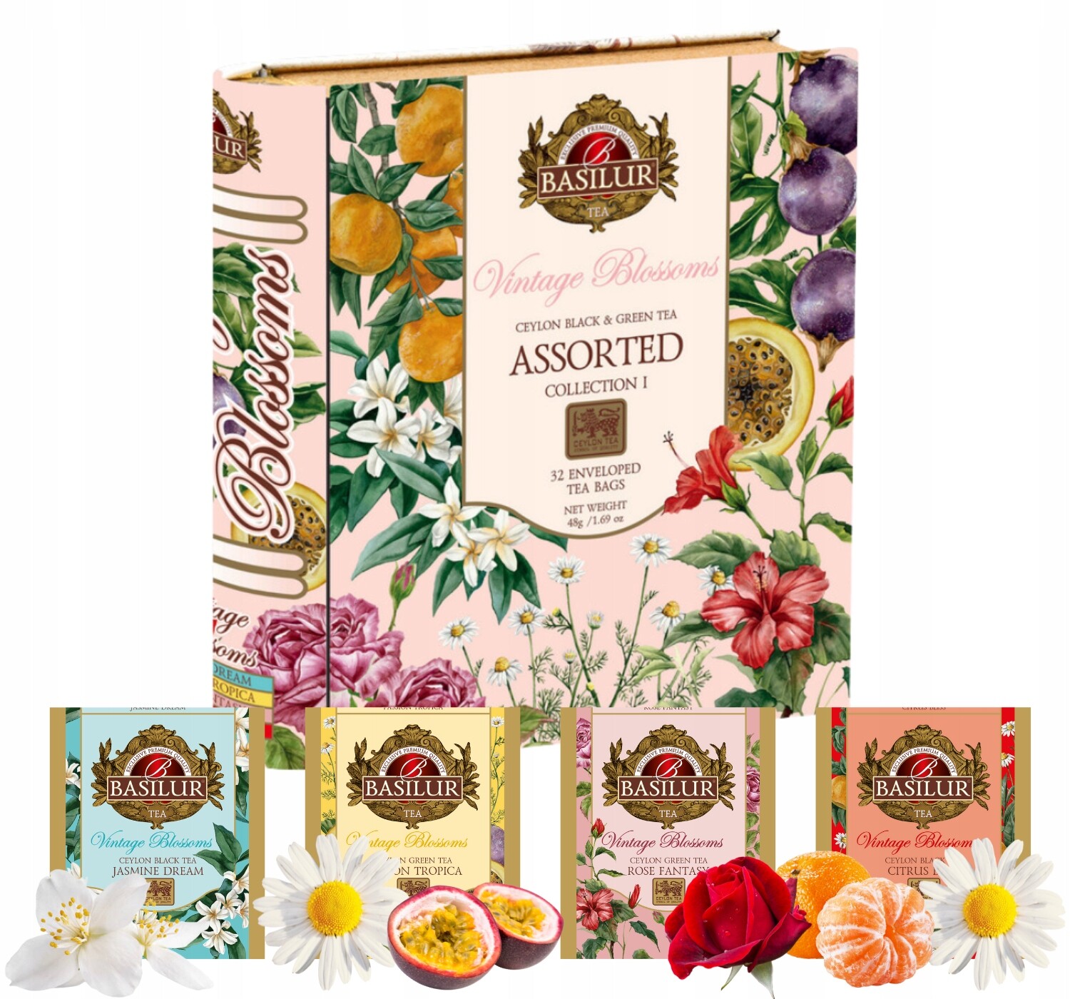 Basilur Vintage Blossoms sada čajů 4 Chutě jako Dárek plechovka 32 ks