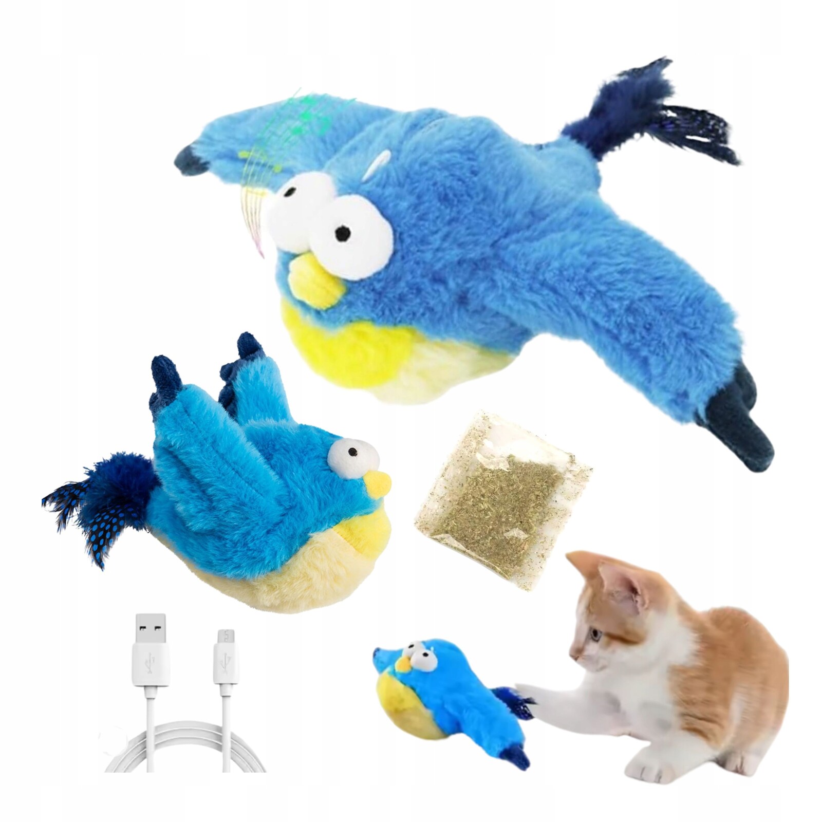 Hračka pro kočky Interaktivní létající Pták se zvukem na Usb s koťátkem