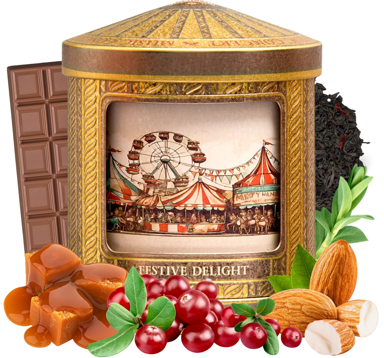 Basilur Festive Delight čaj Mandle Karamel plechovka Hrací Skříňka 75 g