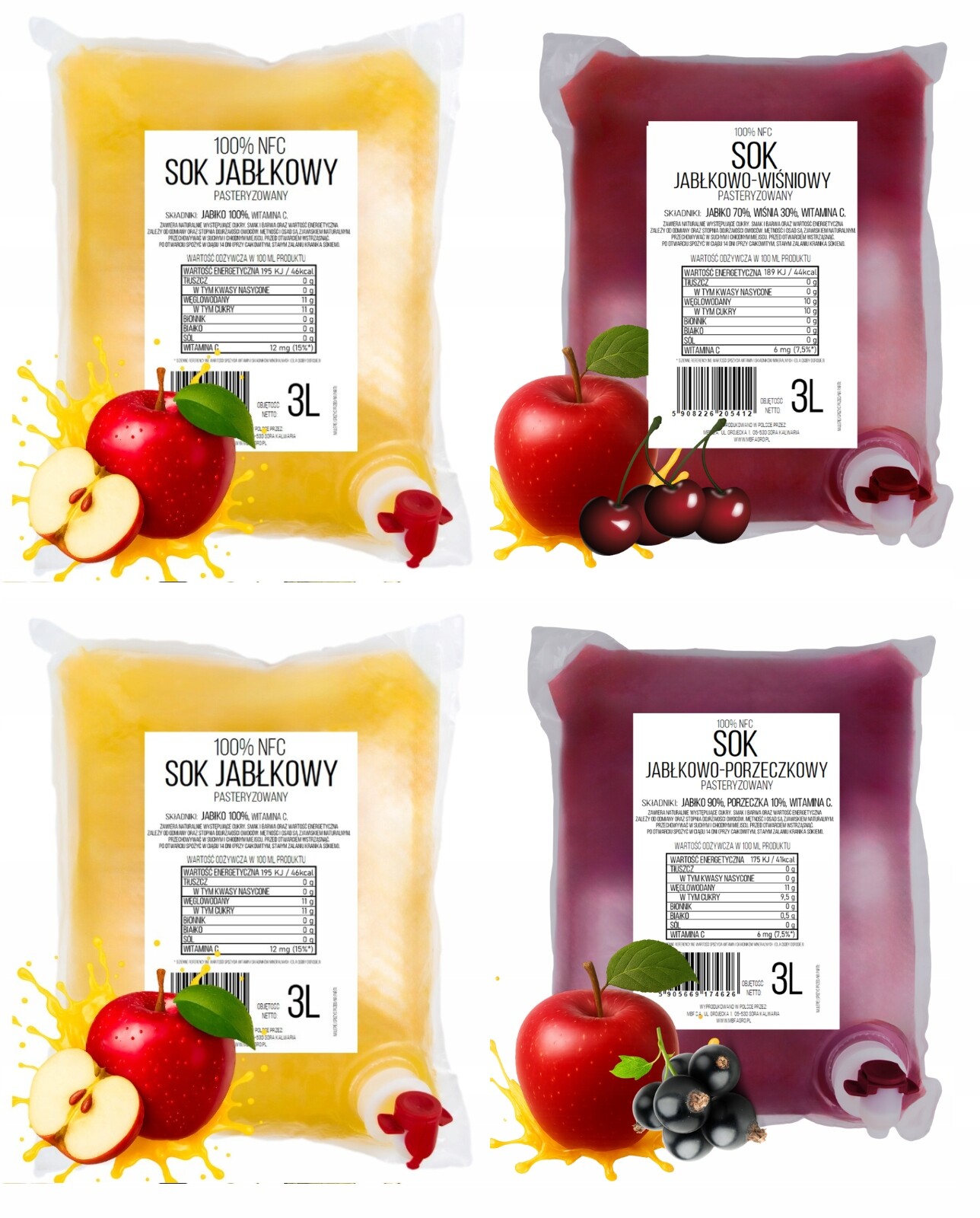 Džusy 100% Nfc Jablko/rybíz Jablko/višeň Pure Press 4 x 3L