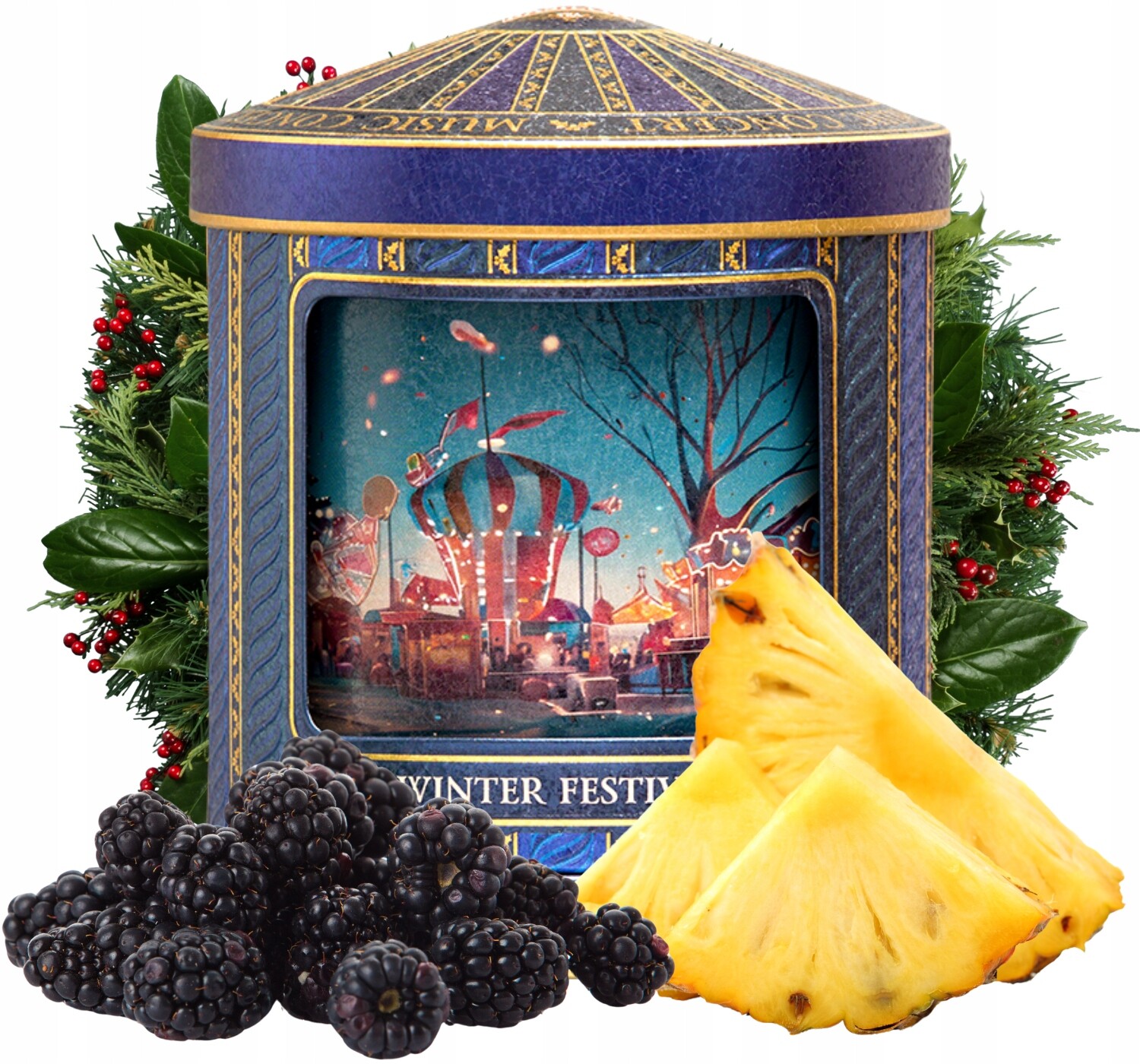 Basilur Winter Festival čaj Ostružina Ananas plechovka Hrací Skříňka 75 g