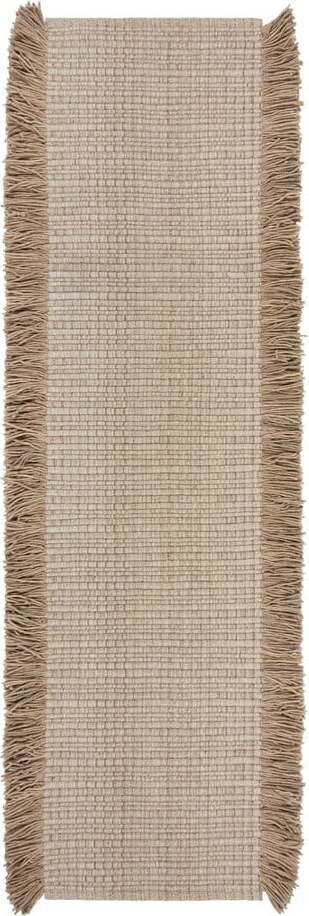 Béžový ručně tkaný běhoun s příměsí vlny 60x230 cm Rene Fringed Ribbed – Flair Rugs