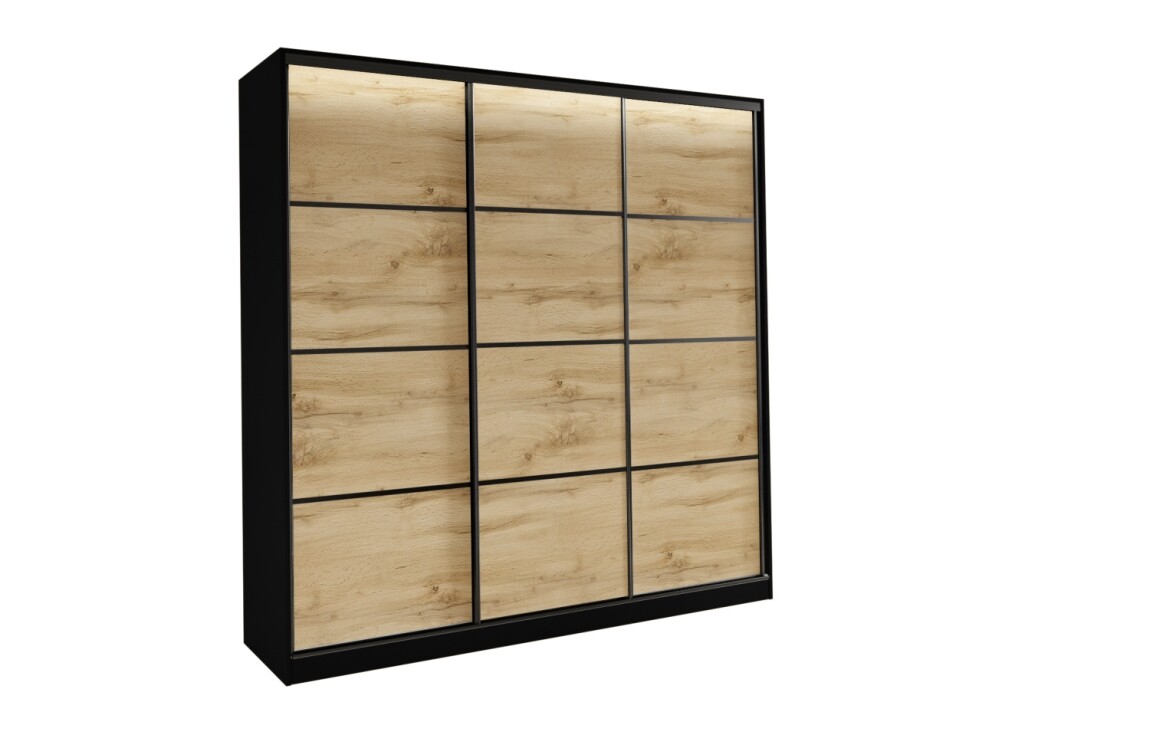 Šatní skříň HARAZIA 200 bez zrcadla, se 4 šuplíky a 2 šatními tyčemi, černý mat / dub wotan