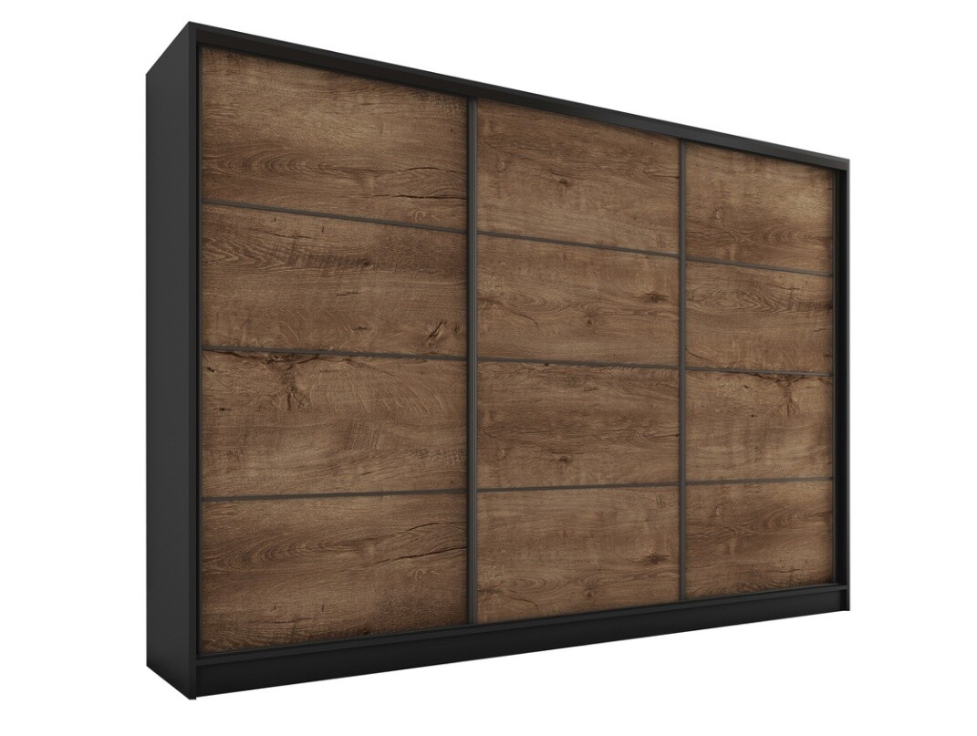 Šatní skříň HARAZIA 250 bez zrcadla, se 4 šuplíky a 2 šatními tyčemi, černý mat/dub lefkas