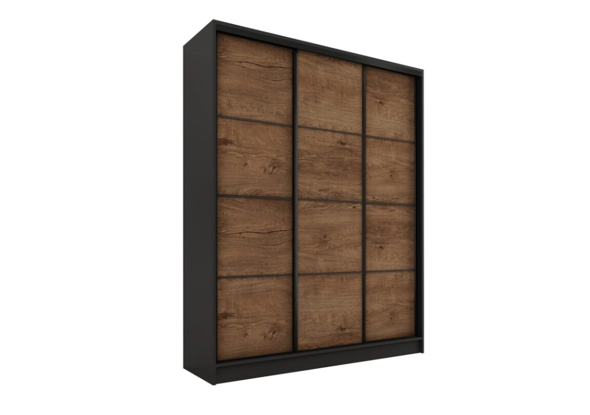 Šatní skříň HARAZIA 150 bez zrcadla, se 4 šuplíky a 2 šatními tyčemi, černý mat/dub lefkas