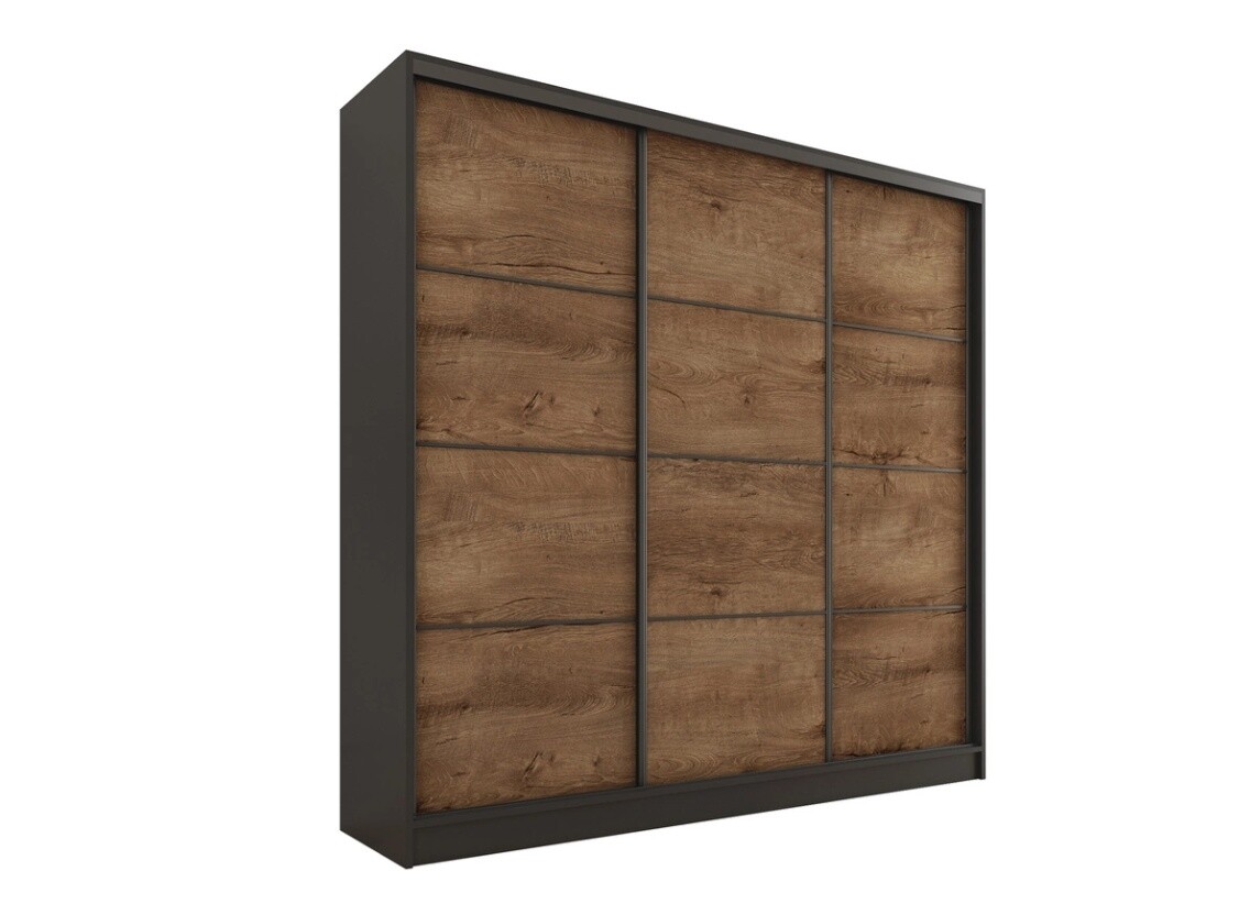 Šatní skříň HARAZIA 180 bez zrcadla, se 4 šuplíky a 2 šatními tyčemi, černý mat/dub lefkas