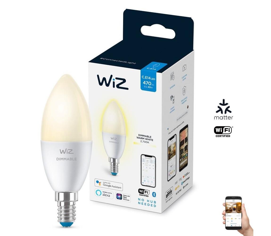 WiZ LED Stmívatelná žárovka C37 E14/4,9W/230V 2700K CRI 90 Wi-Fi - WiZ