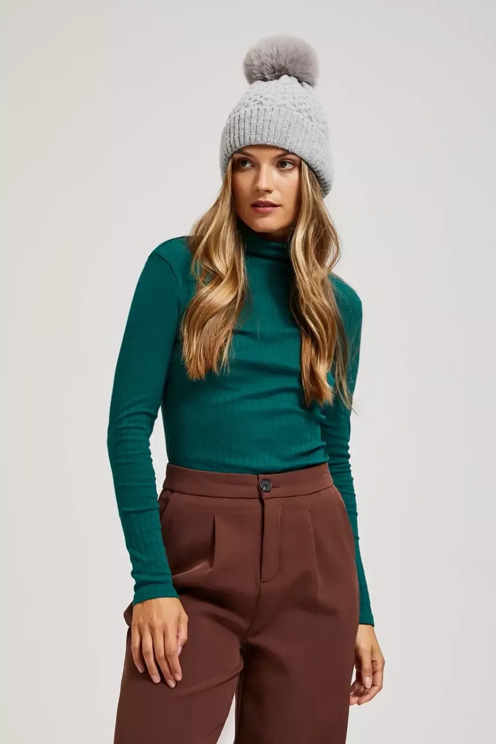 Marisse Hat With Fur Pompom, Gray