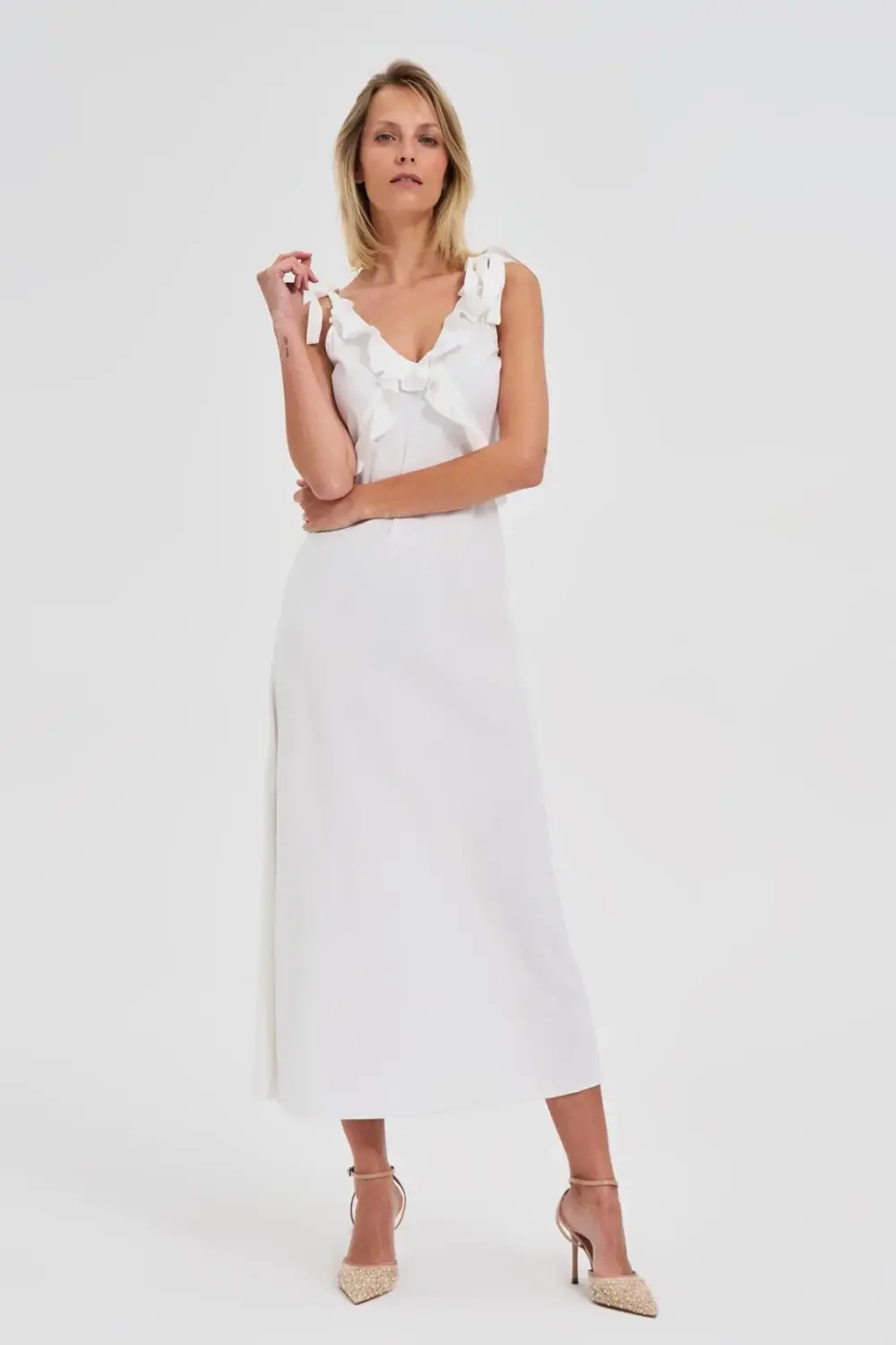 Marisse White Midi Dress With Ruffles On The Neckline